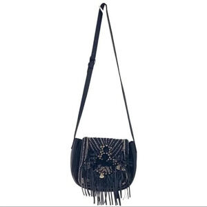 Black Leather Embellished Saddle Crossbody Bag